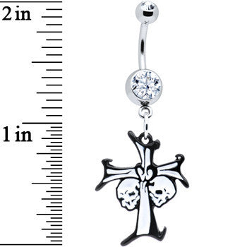 Black and White Double Skulls Cross Belly Ring