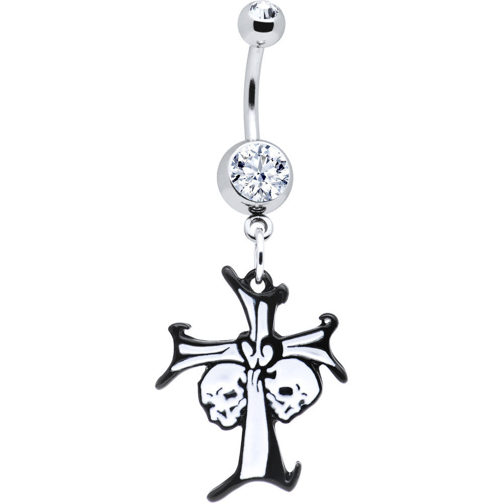 Black and White Double Skulls Cross Belly Ring