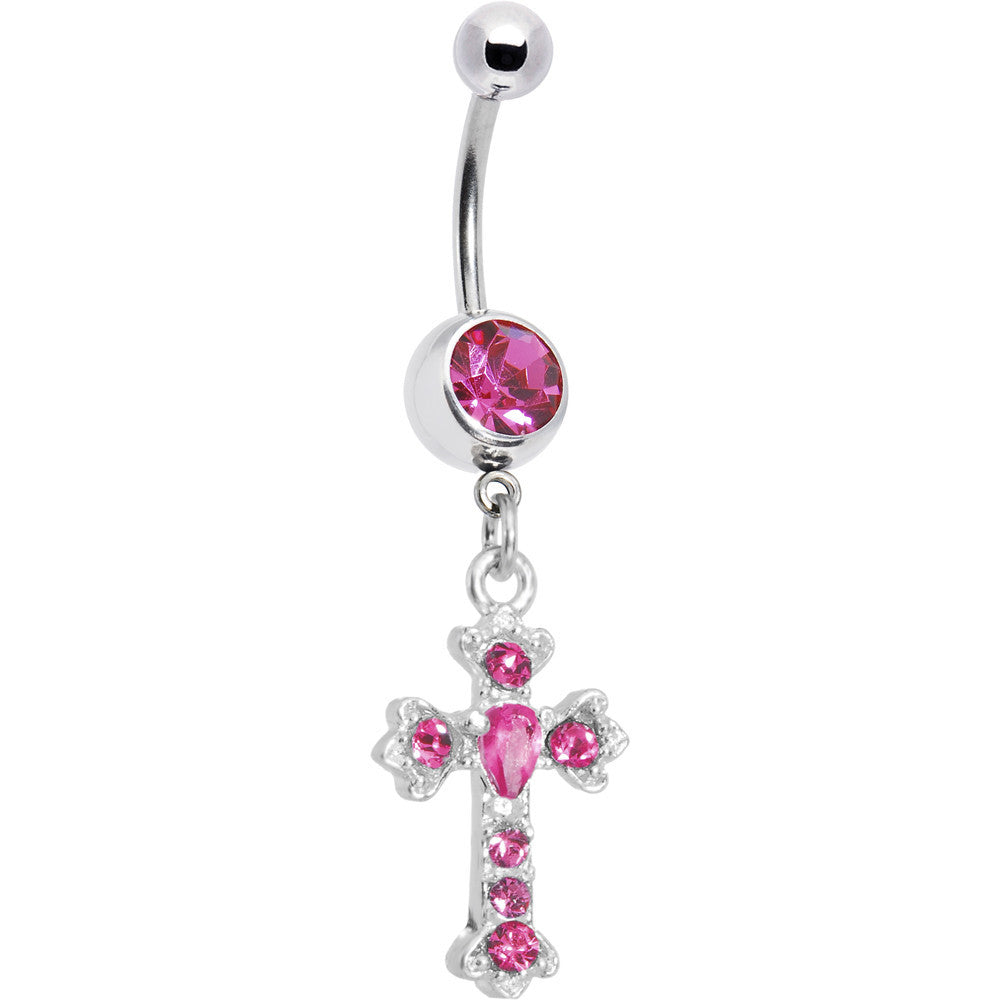 Pink Gem Ornate Cross Belly Ring