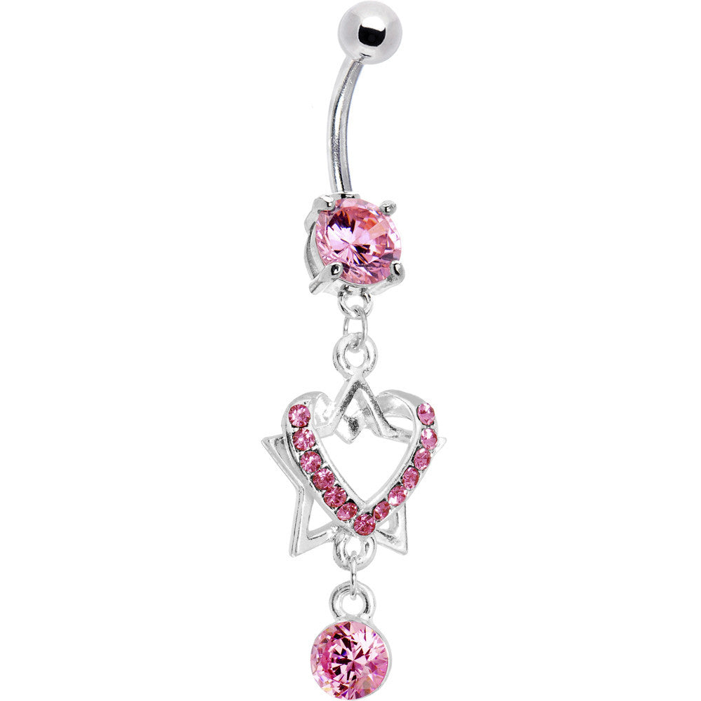 Pink Gem Falling Star Heart Drop Belly Ring