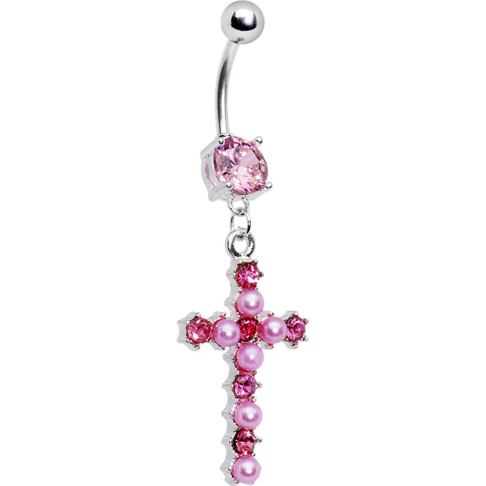 Pink Gem Faux Pearl Cross Belly Ring