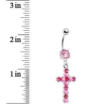 Pink Gem Faux Pearl Cross Belly Ring