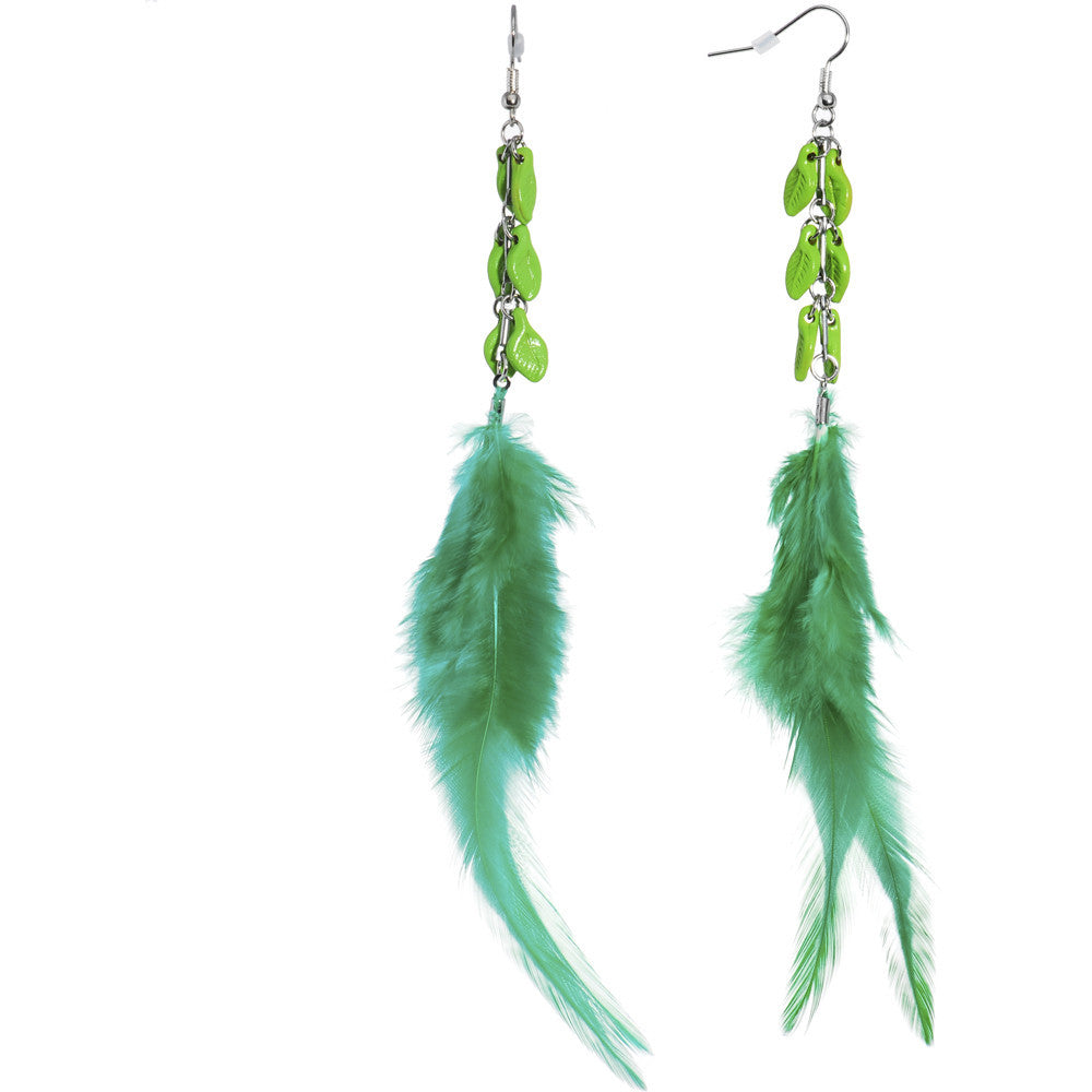 Green Leaf Goddess Feather Earrings