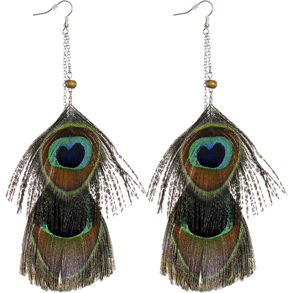 Gold Tone Chain Drop Peacock Feather Earrings