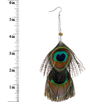 Gold Tone Chain Drop Peacock Feather Earrings