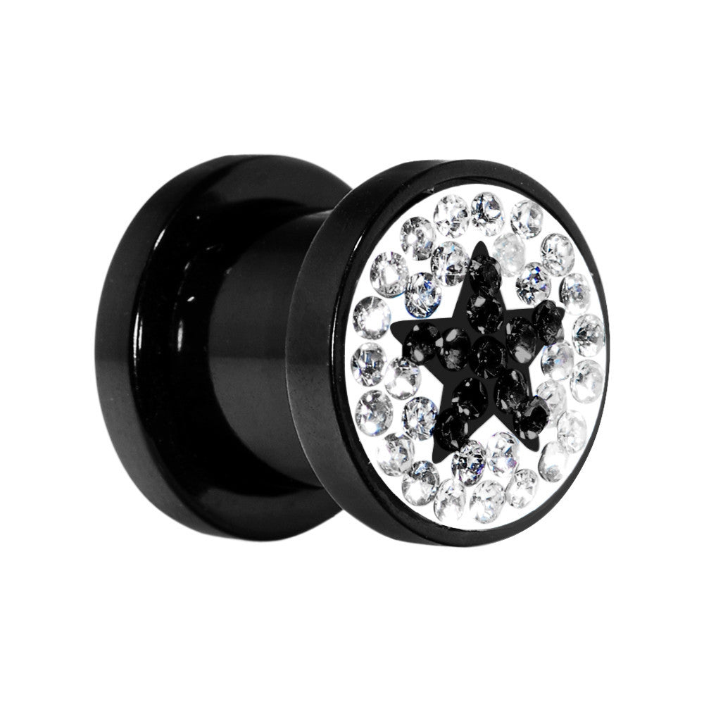 0 Gauge Black Star Ferido Crystal Acrylic Screw Fit Tunnel