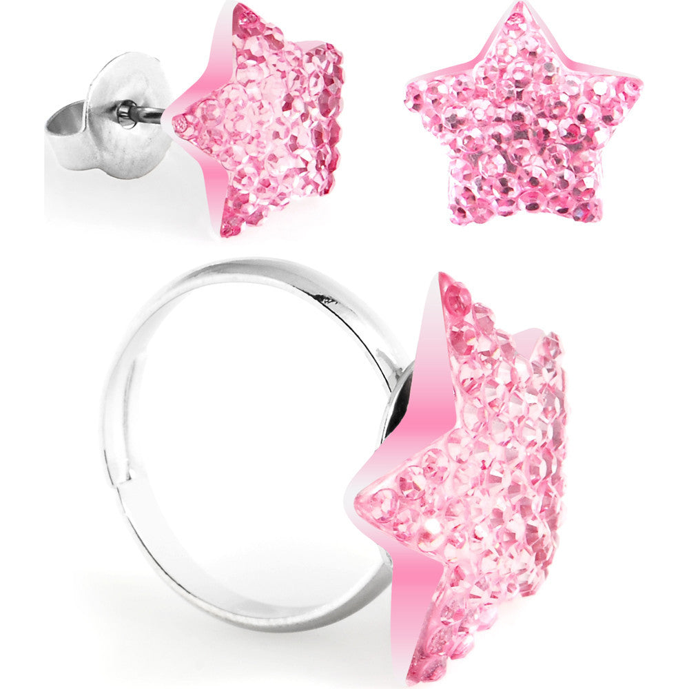 Pink Sparkler Star Adjustable Ring and Stud Earring Set