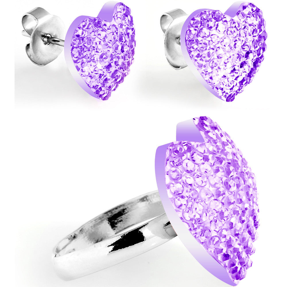 Light Purple Sparkler Heart Adjustable Ring and Stud Earring Set