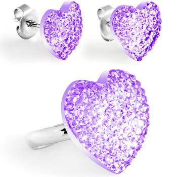 Light Purple Sparkler Heart Adjustable Ring and Stud Earring Set