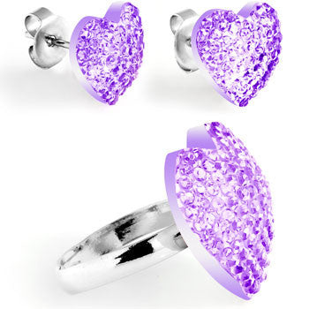 Light Purple Sparkler Heart Adjustable Ring and Stud Earring Set