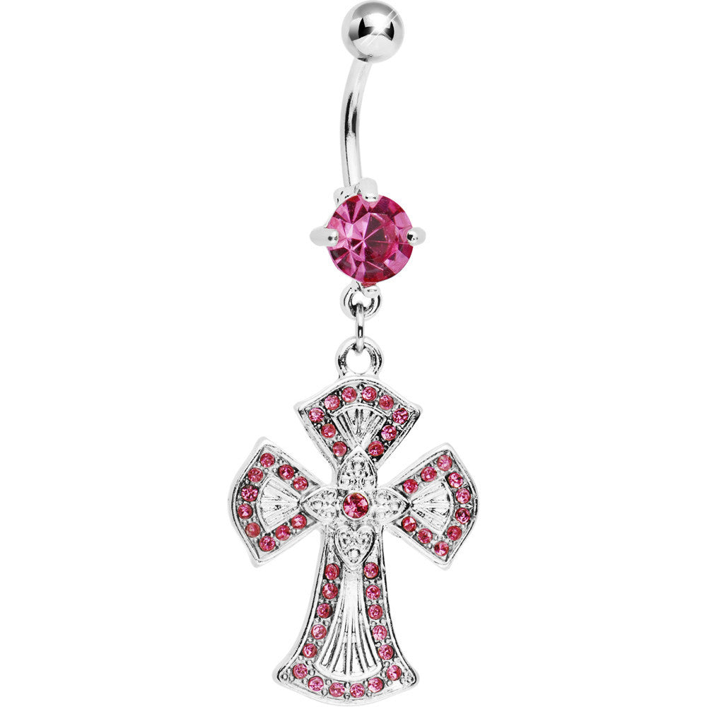 Pink Striking Jeweled Cross Belly Ring