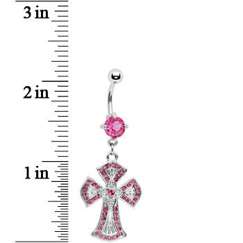 Pink Striking Jeweled Cross Belly Ring