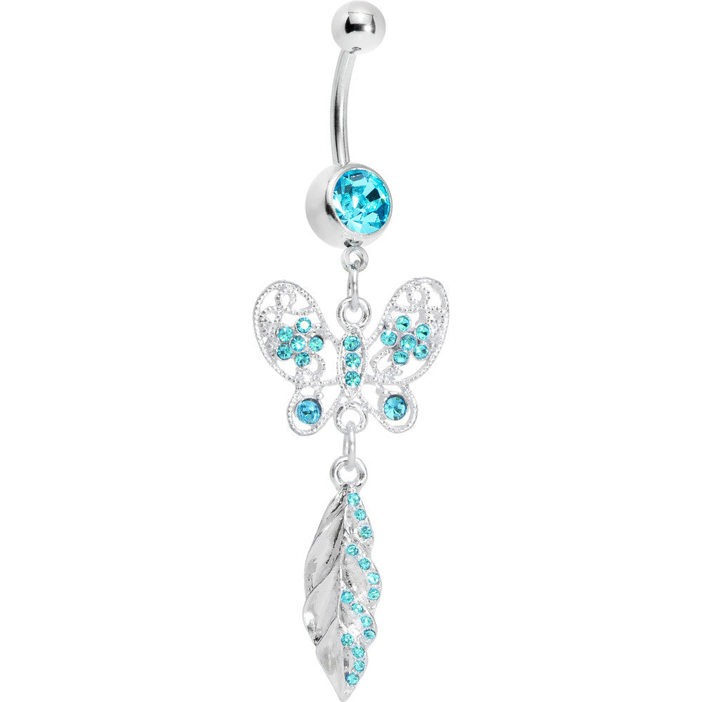 Aqua Gem Butterfly Lily Leaf Belly Ring