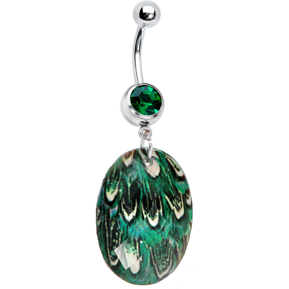 Green Gem Paradise Feather Oval Dangle Belly Ring