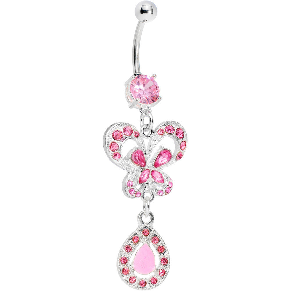 Pink Gem Butterfly Teardrop Belly Ring