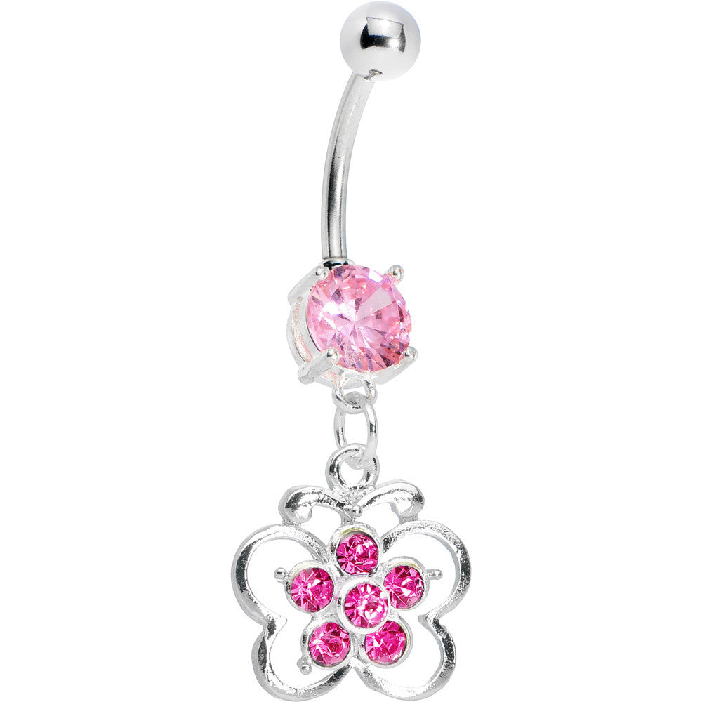 Pink Gem Flower Center Butterfly Belly Ring