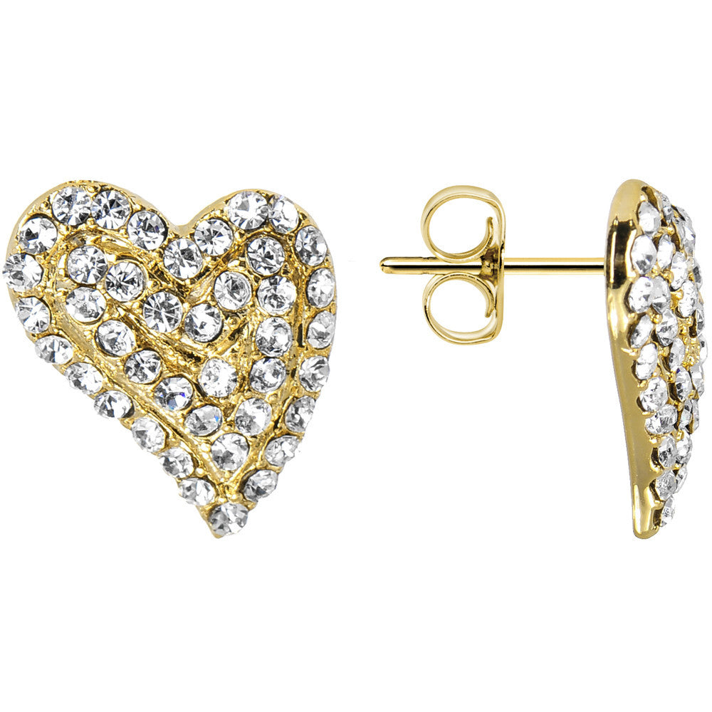 Gold Tone Gem Paved Modern Heart Stud Earrings