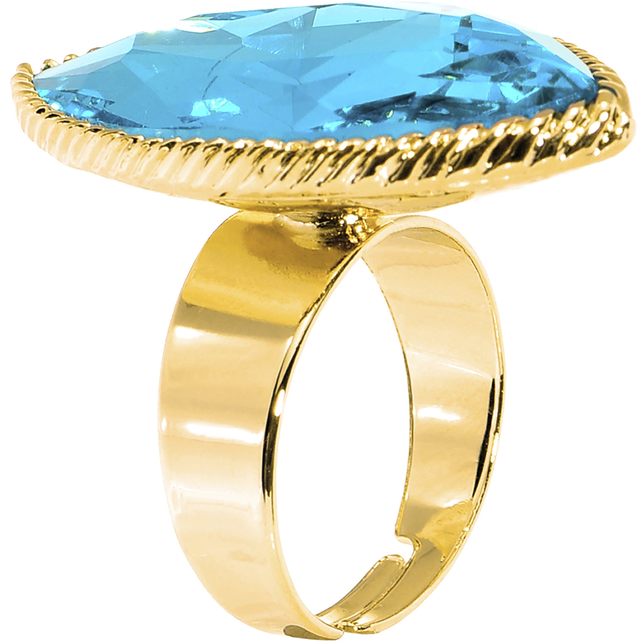 Gold Tone Aqua Faceted Teardrop Adjustable Ring