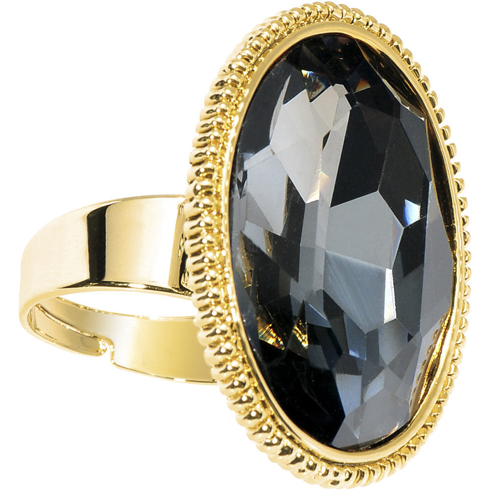 Gold Tone Black Faceted Oval Adjustable Ring