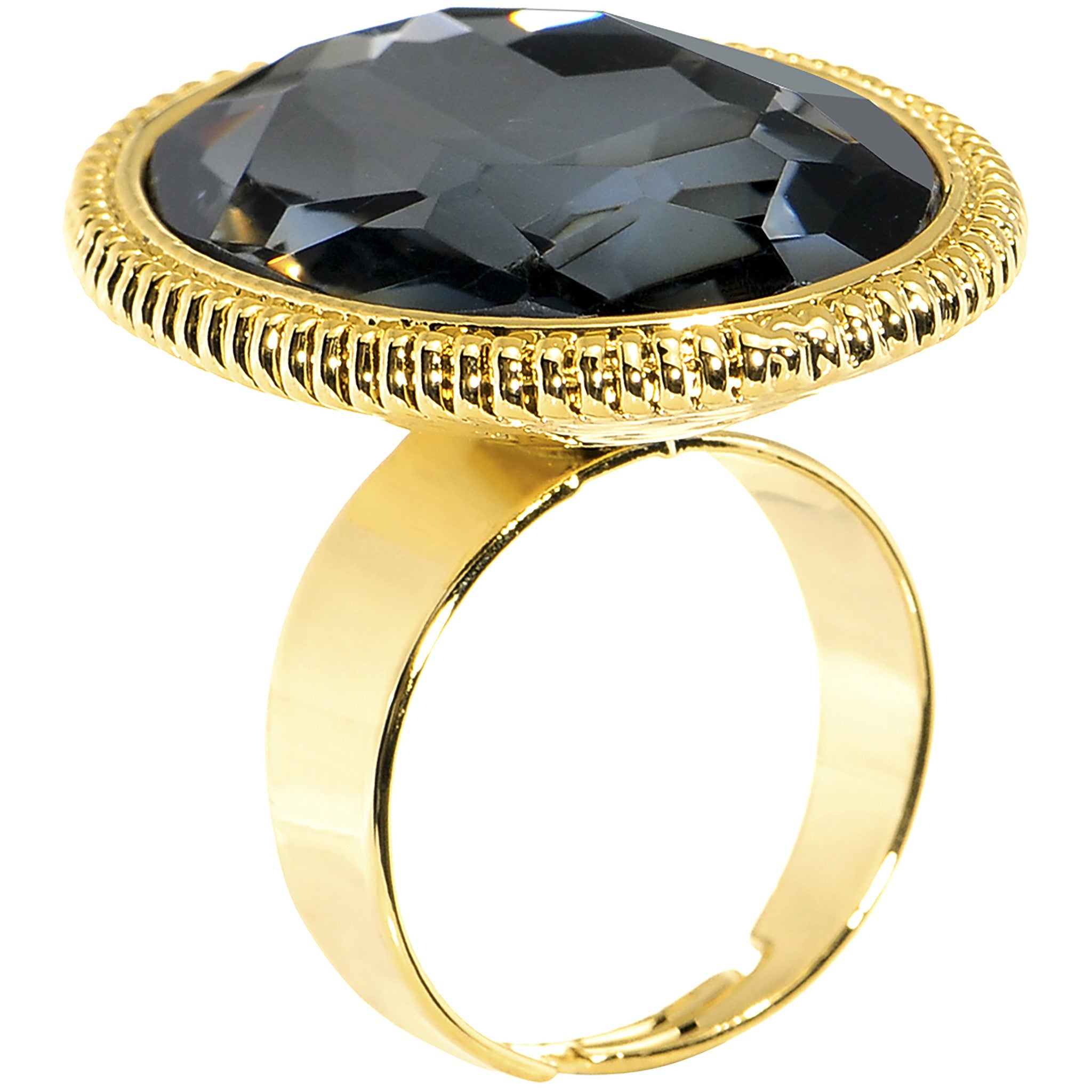 Gold Tone Black Faceted Oval Adjustable Ring