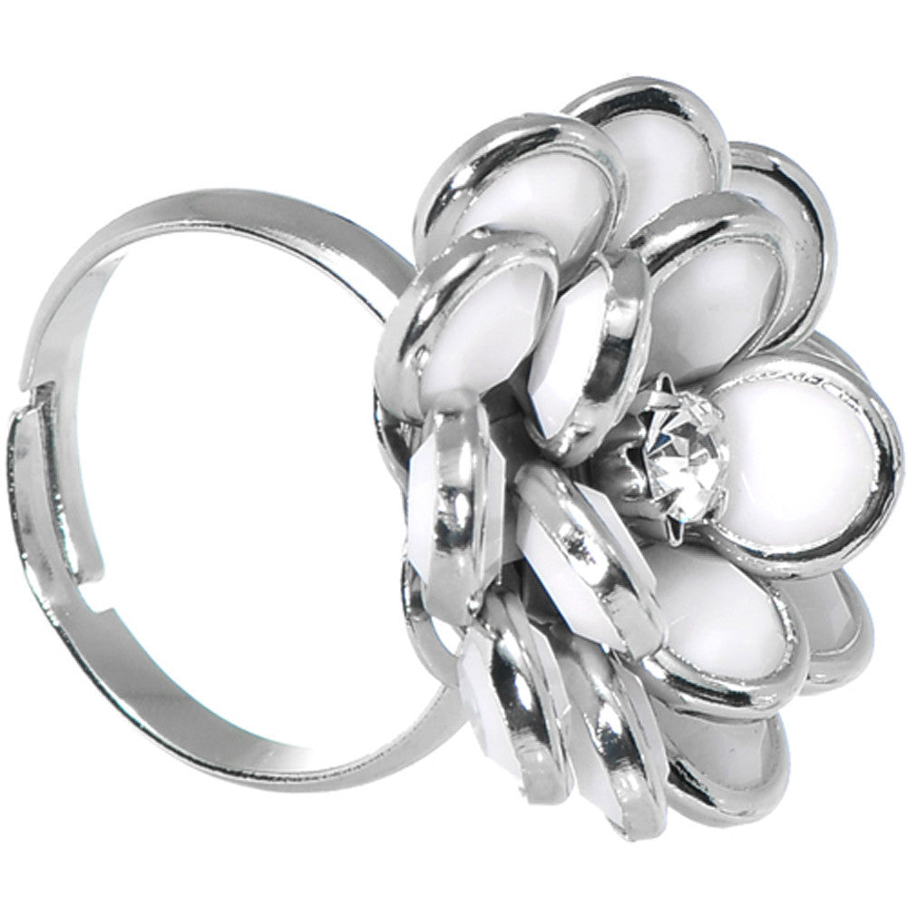 White Enamel Blooming Flower Adjustable Ring