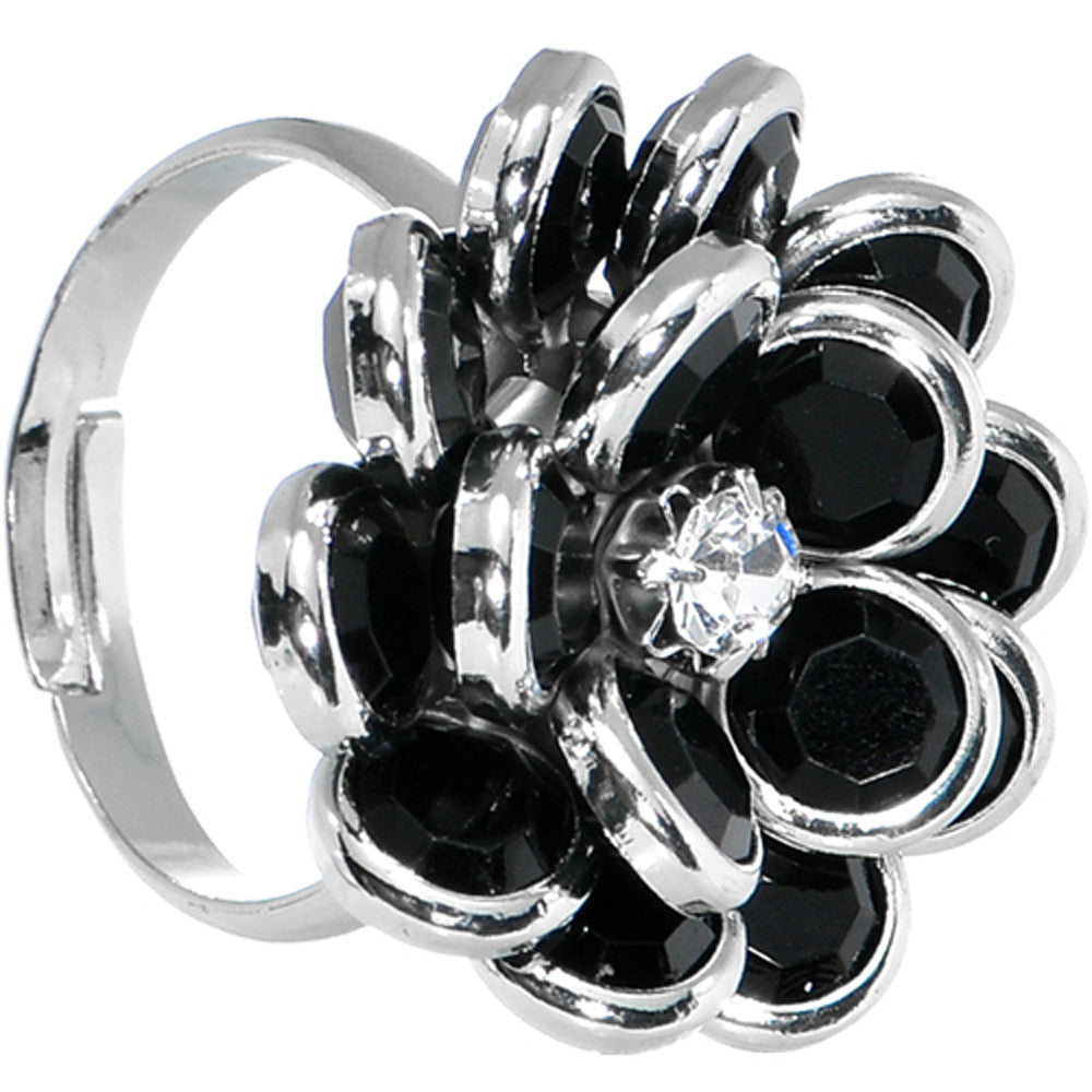 Black Enamel Blooming Flower Adjustable Ring