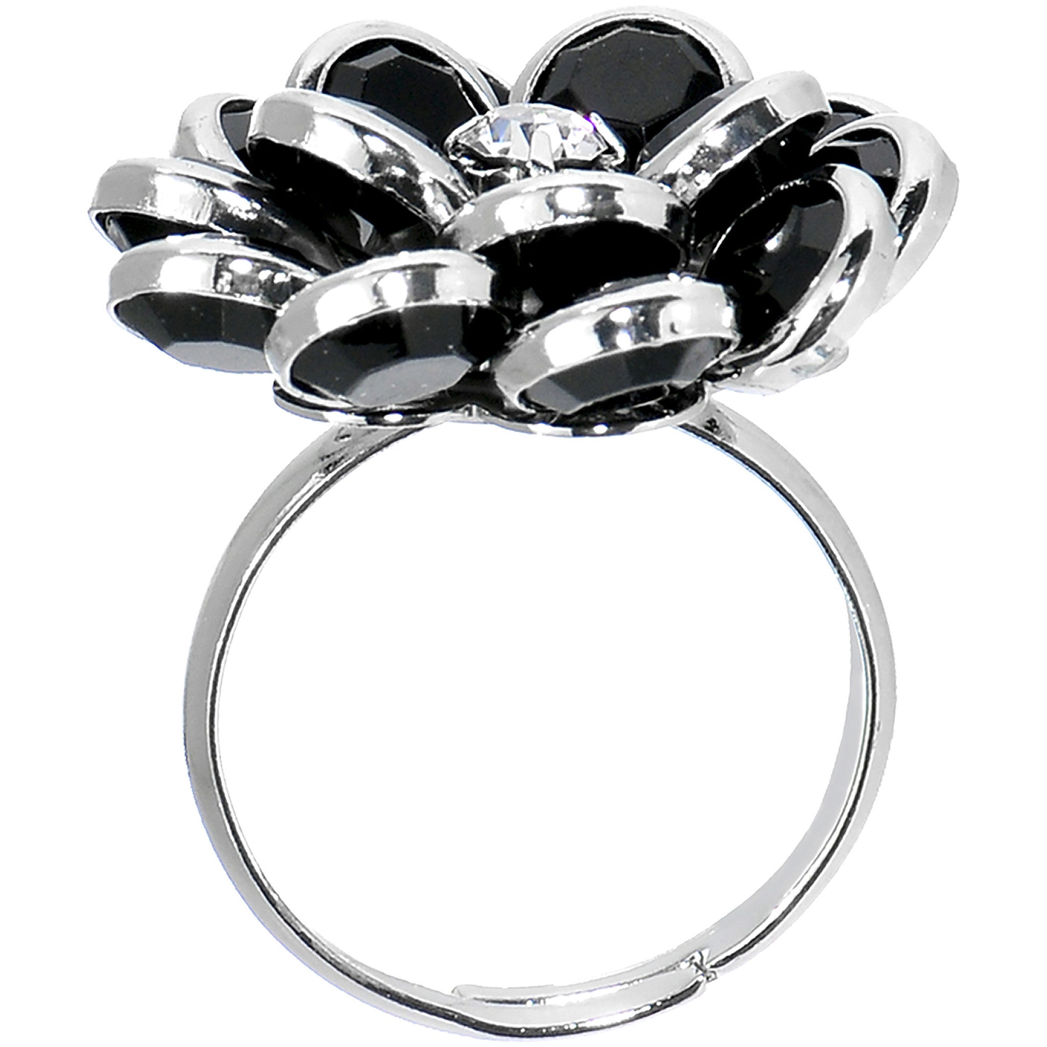 Black Enamel Blooming Flower Adjustable Ring