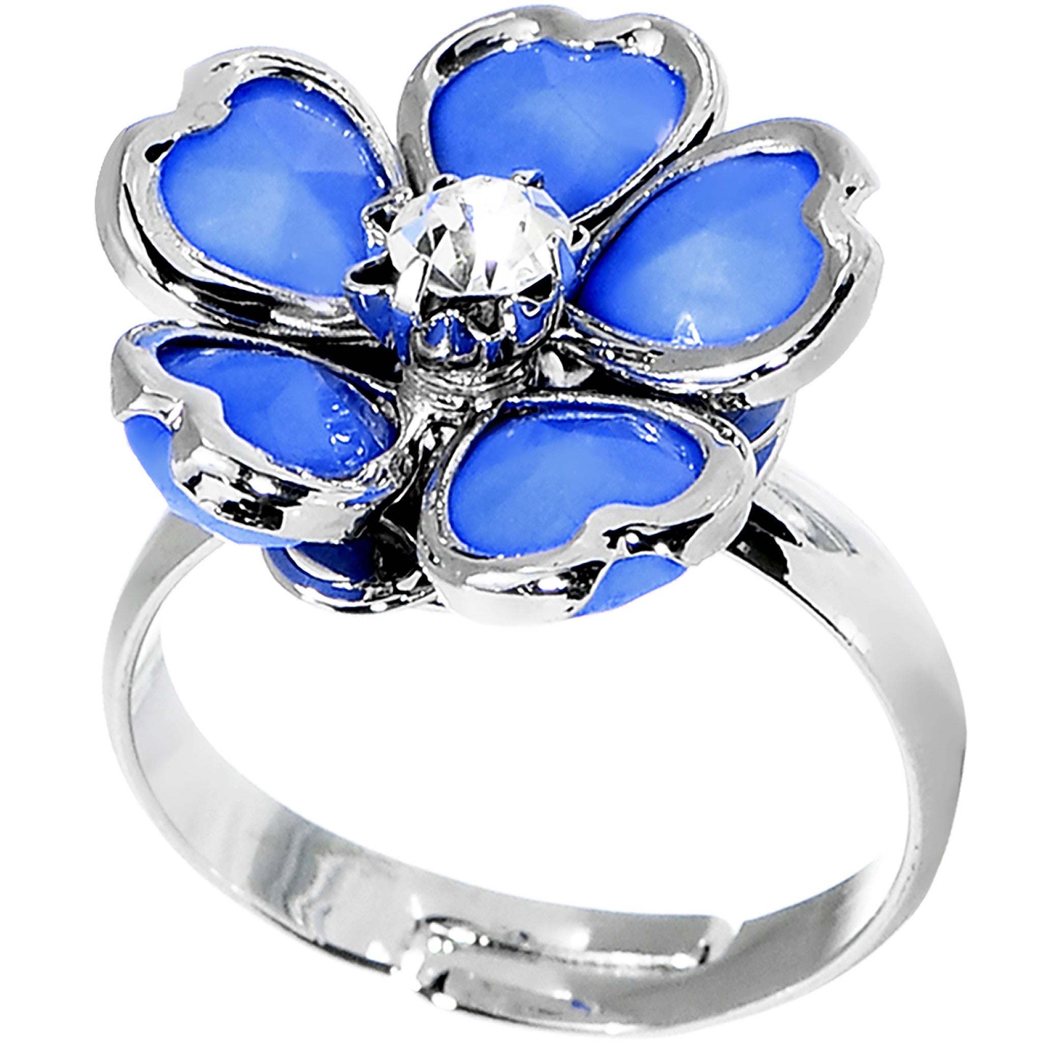 Blue Enamel Five Petal Blooming Flower Adjustable Ring