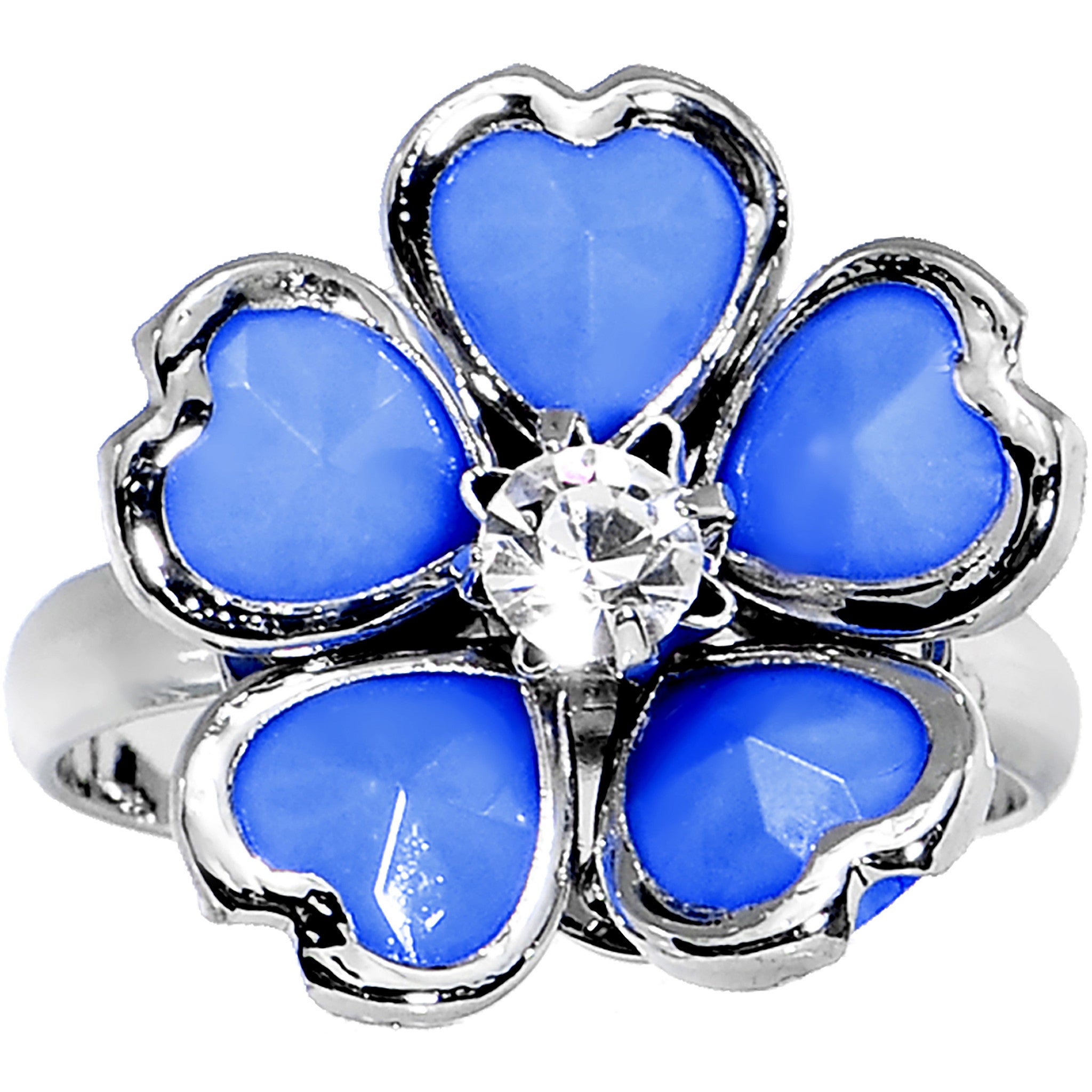 Blue Enamel Five Petal Blooming Flower Adjustable Ring