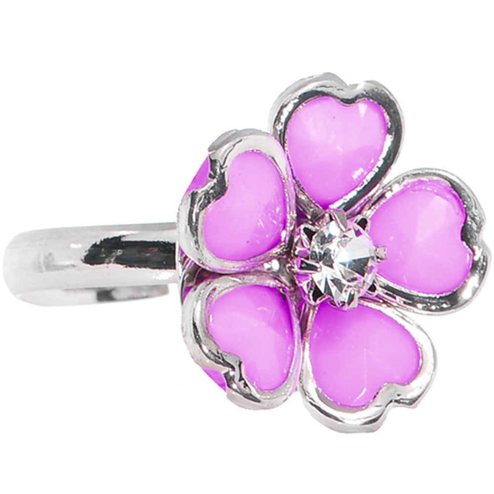 Light Purple Enamel Five Petal Blooming Flower Adjustable Ring