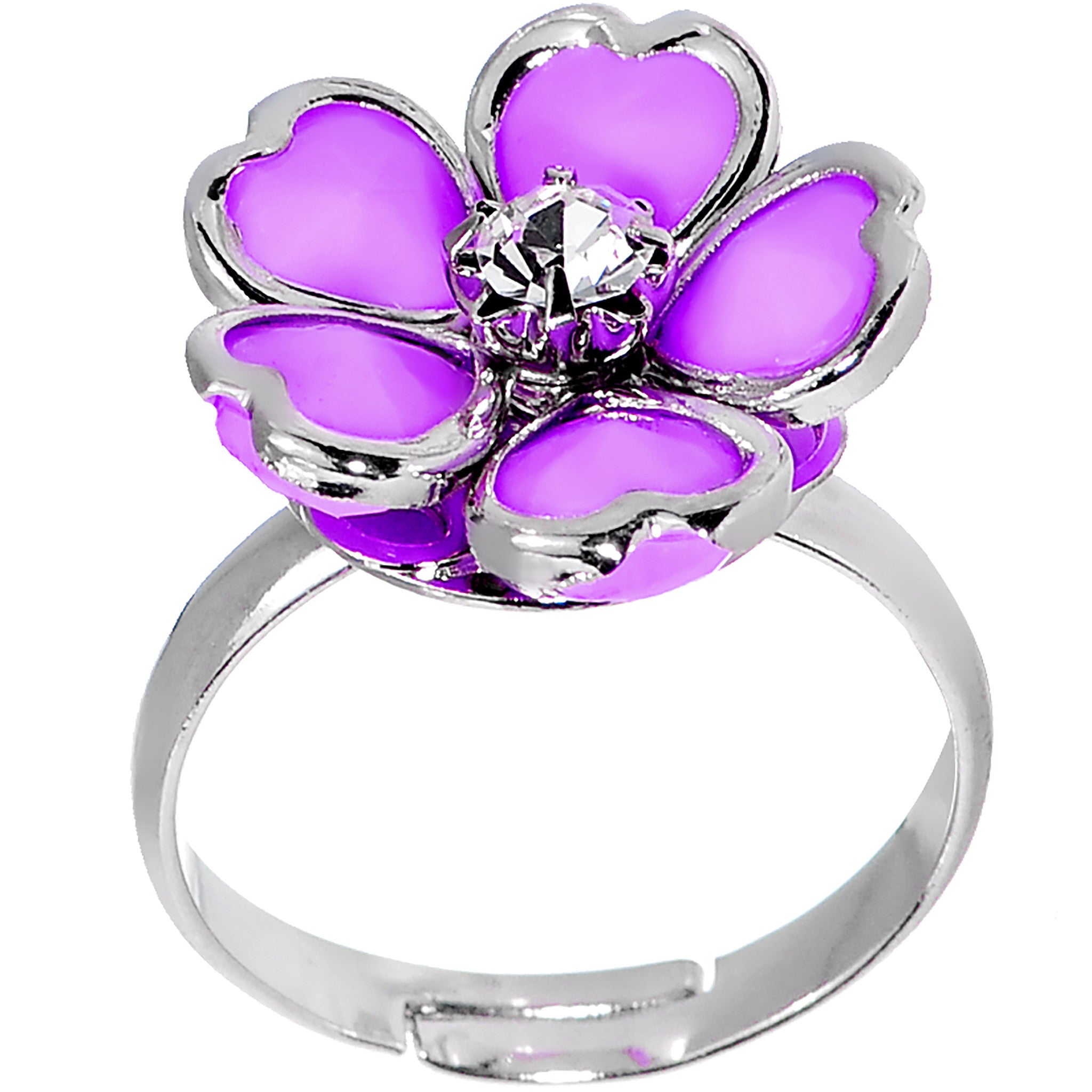Light Purple Enamel Five Petal Blooming Flower Adjustable Ring