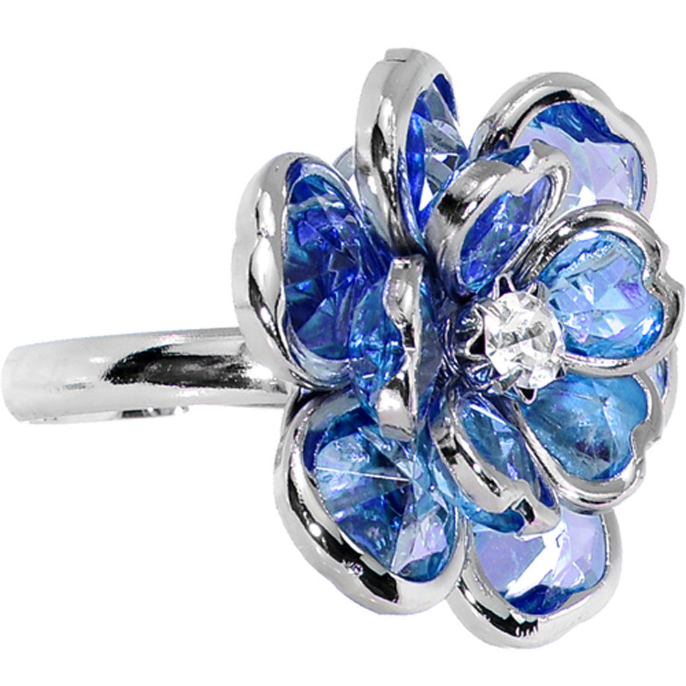 Small Blue Faceted Blooming Flower Adjustable Ring