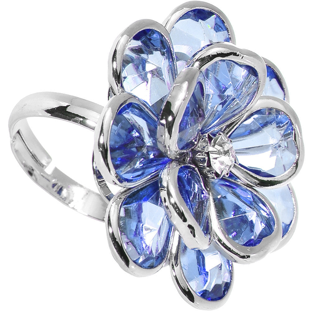 Blue Faceted Blooming Flower Adjustable Ring