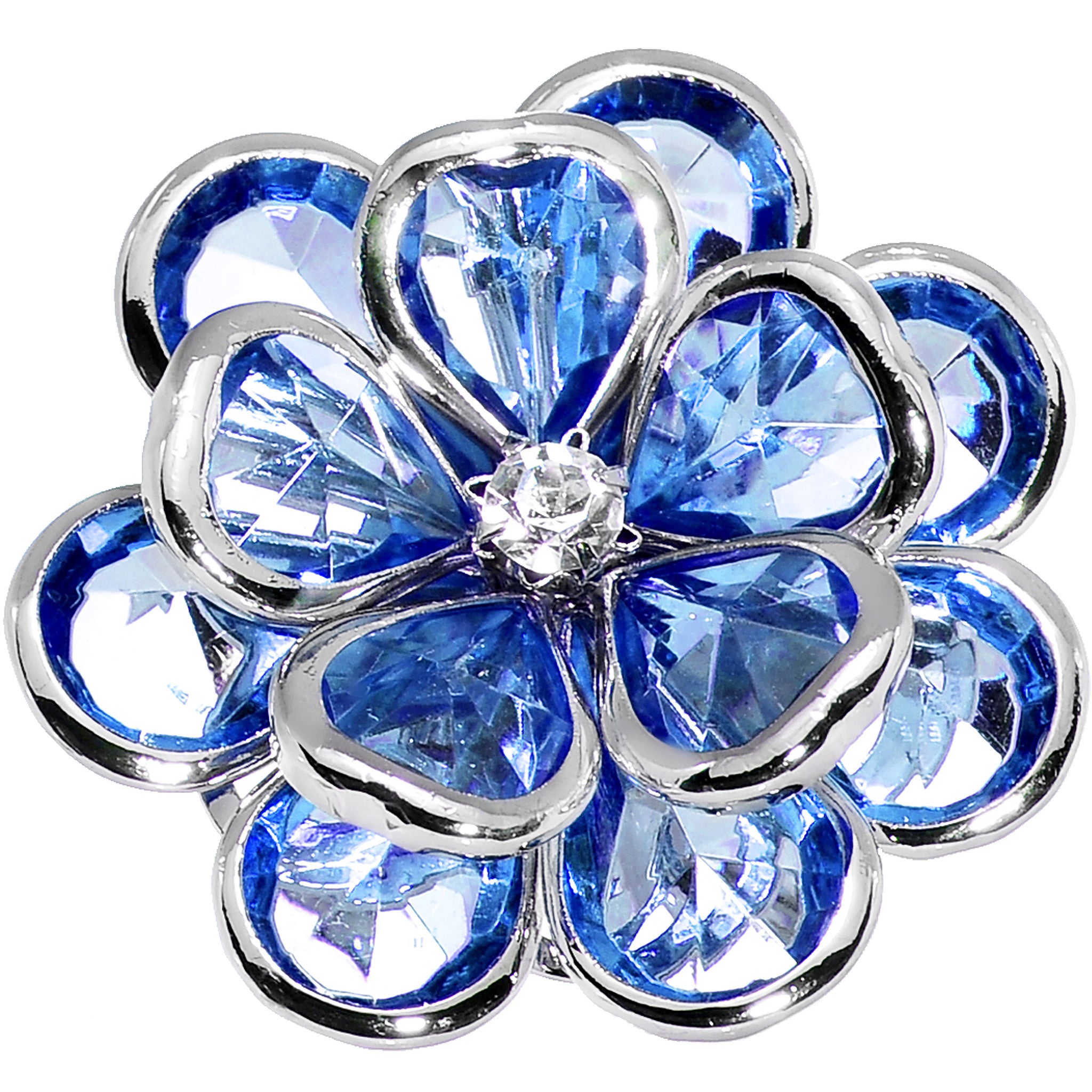 Blue Faceted Blooming Flower Adjustable Ring