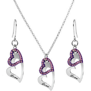 Purple Duo Floating Love Inscribed Heart Necklace and Earring Set