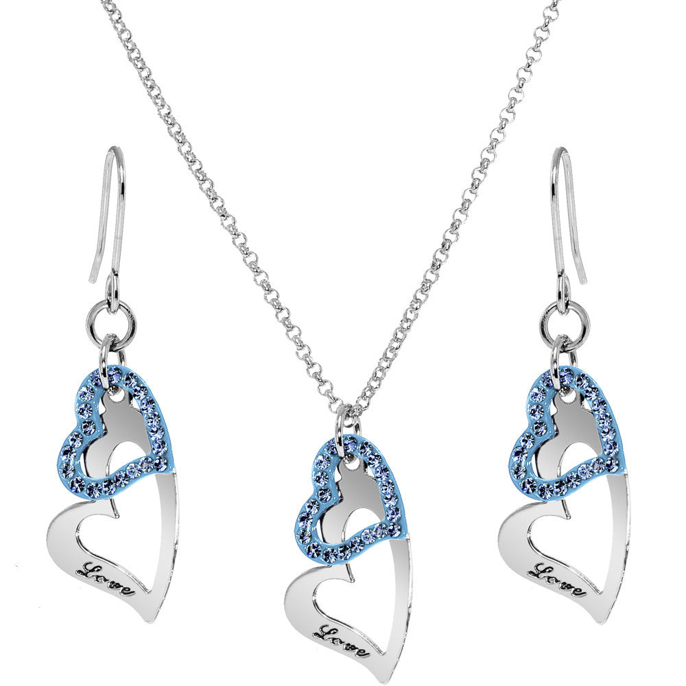 Blue Duo Floating Love Inscribed Heart Necklace and Earring Set