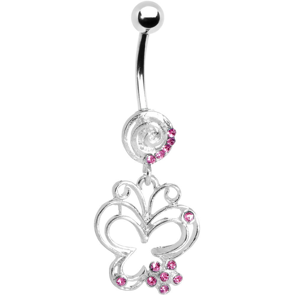 Pink Gem Flower Butterfly Swirl Dangle Belly Ring