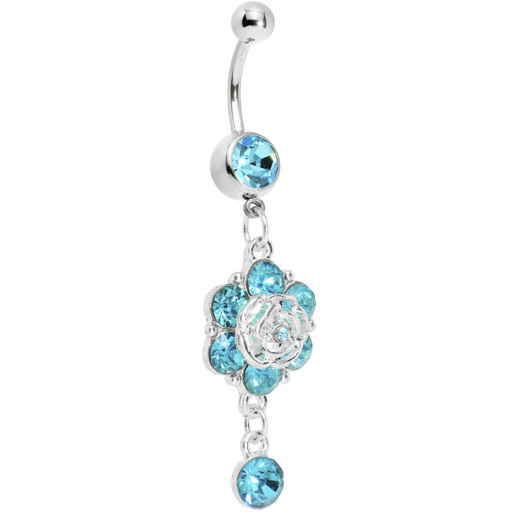 Aqua Gem Fancy Flower Dew Drop Belly Ring