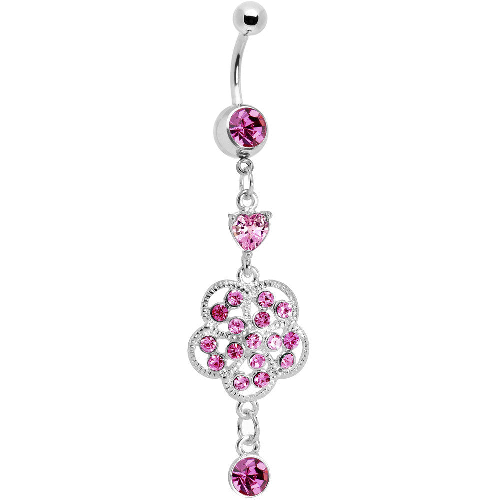 Pink Gem Floral Enchantment Dangle Belly Ring