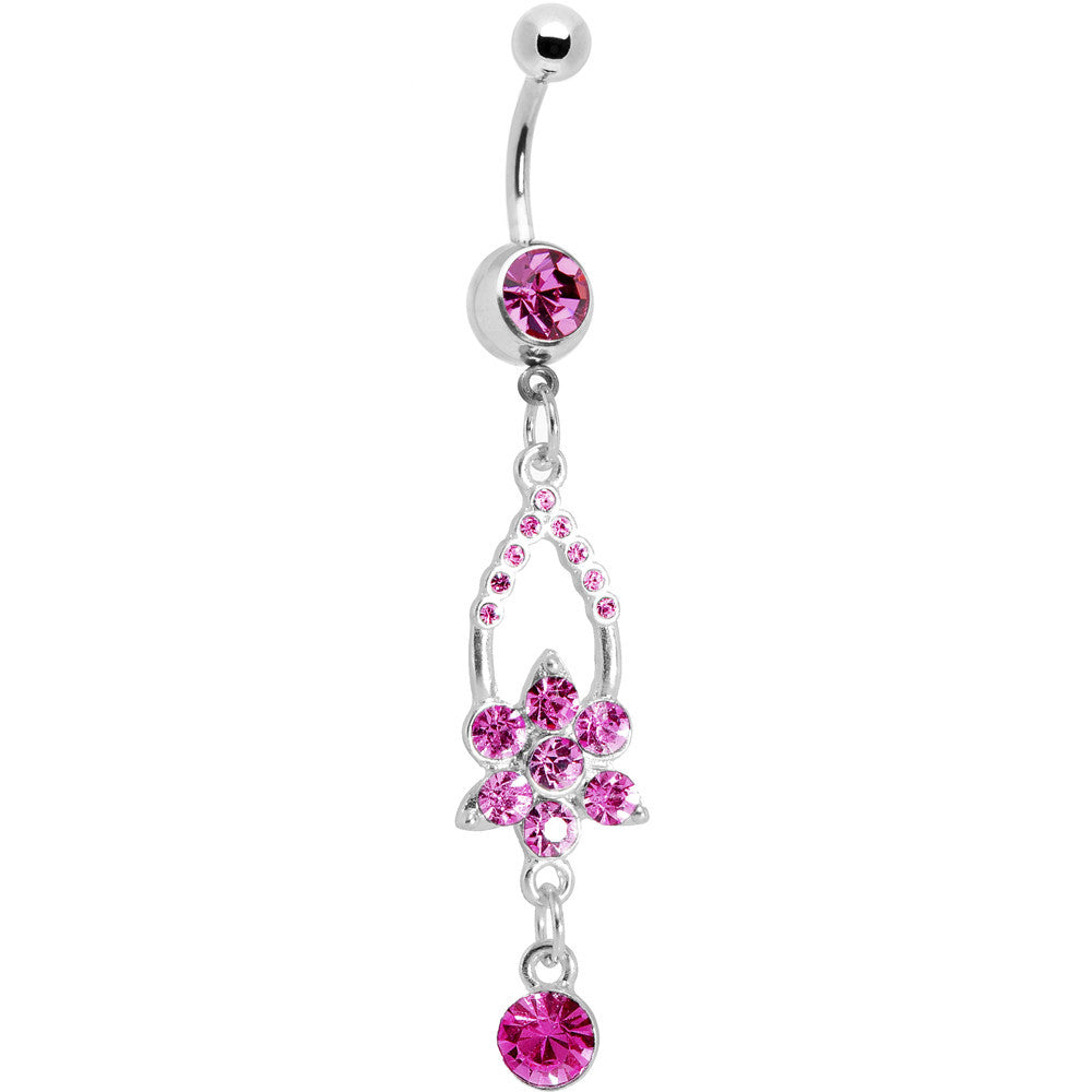 Pink Gem Hanging Flower Dangle Belly Ring