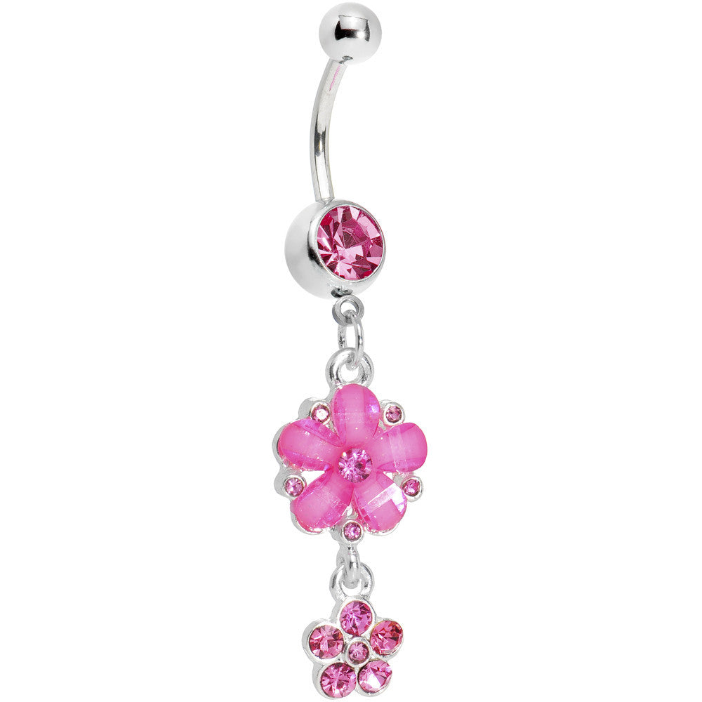 Pink Gem Dual Flower Drop Belly Ring