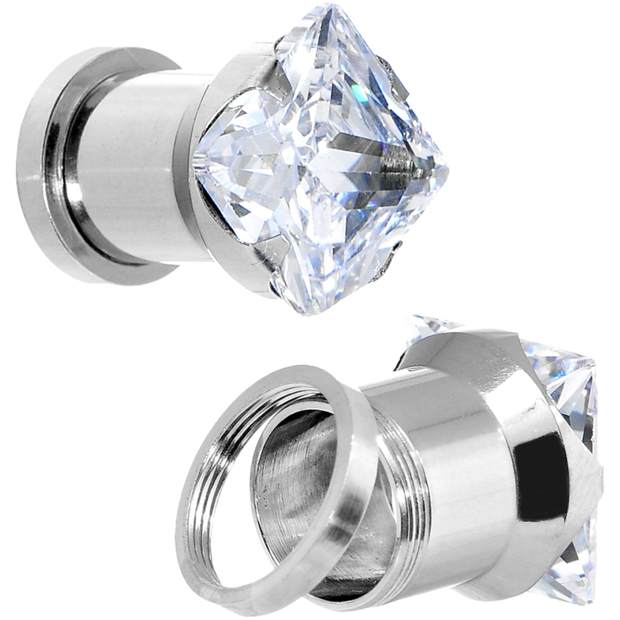 Clear CZ Gem Stainless Steel Screw Fit Tunnel Plug Set 0 Gauge