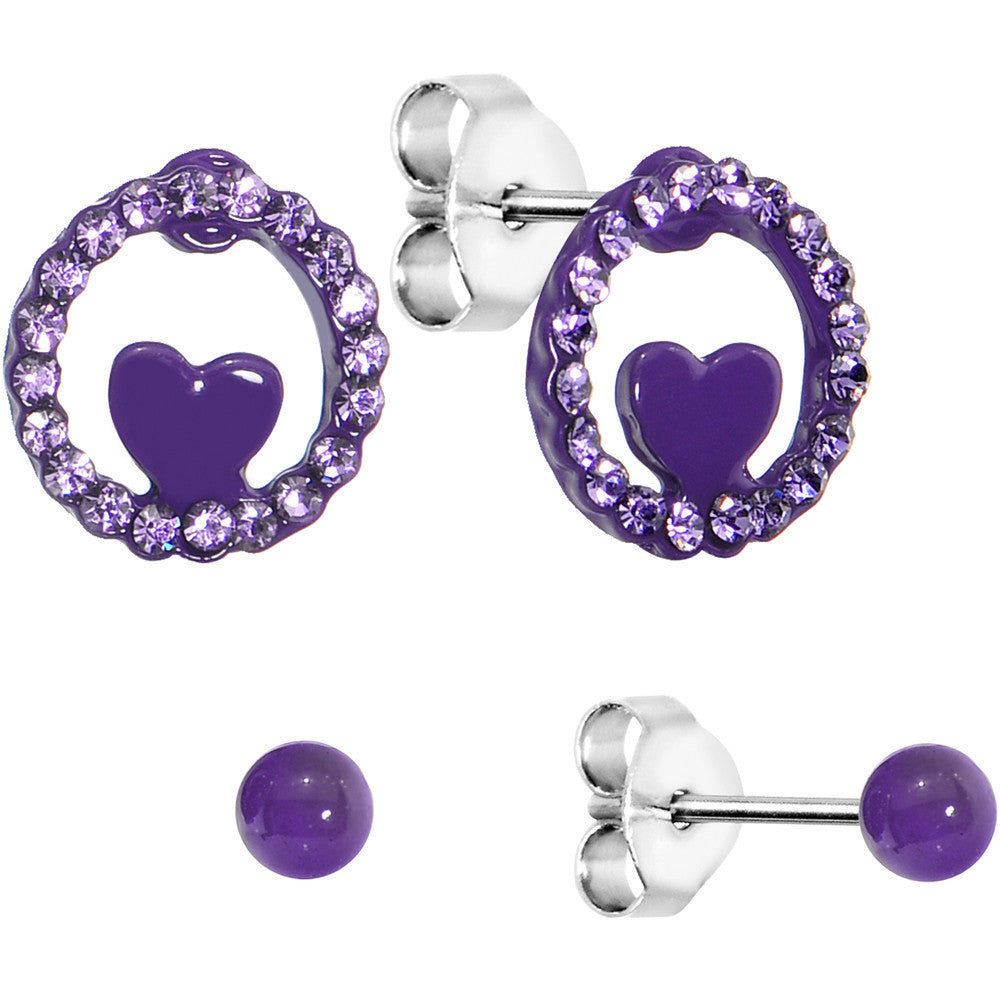 Purple Heart Loop Stud Earring Set