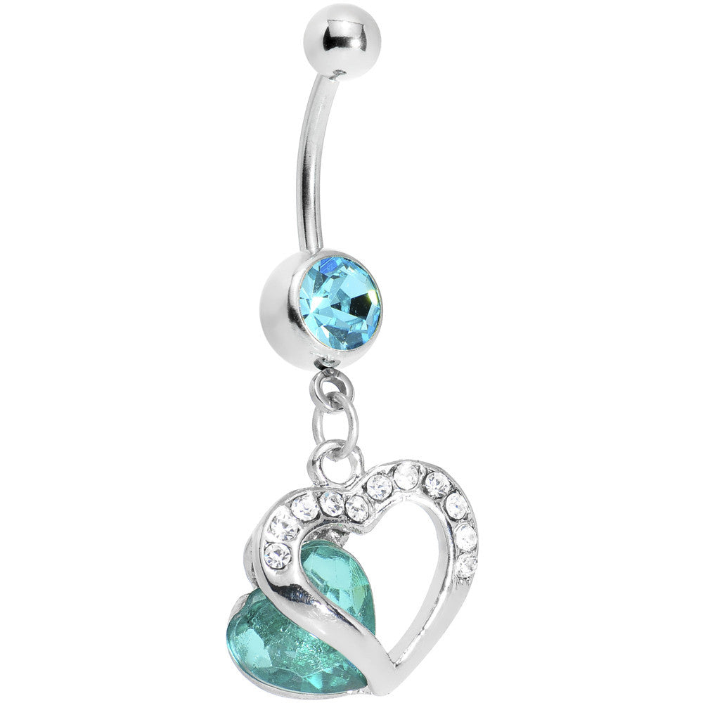 Aqua Gem Heart in Hollow Heart Belly Ring