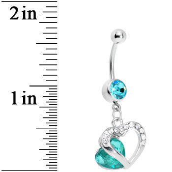 Aqua Gem Heart in Hollow Heart Belly Ring