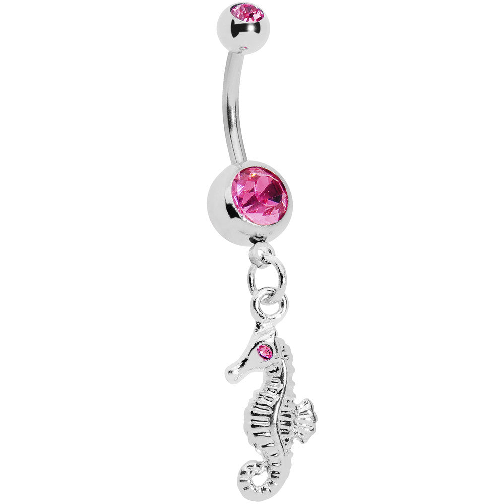 Pink Gem Seahorse Dangle Belly Ring