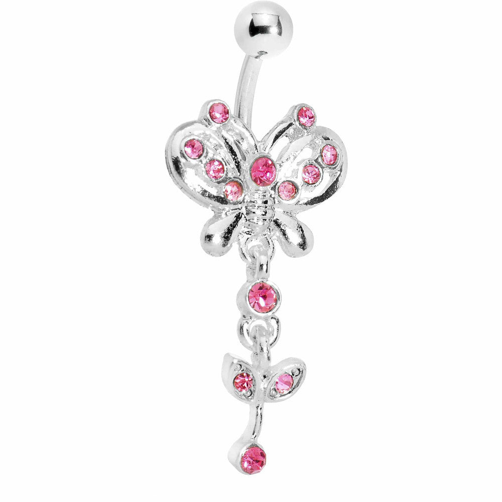 Pink Gem Butterfly Flower Drop Belly Ring