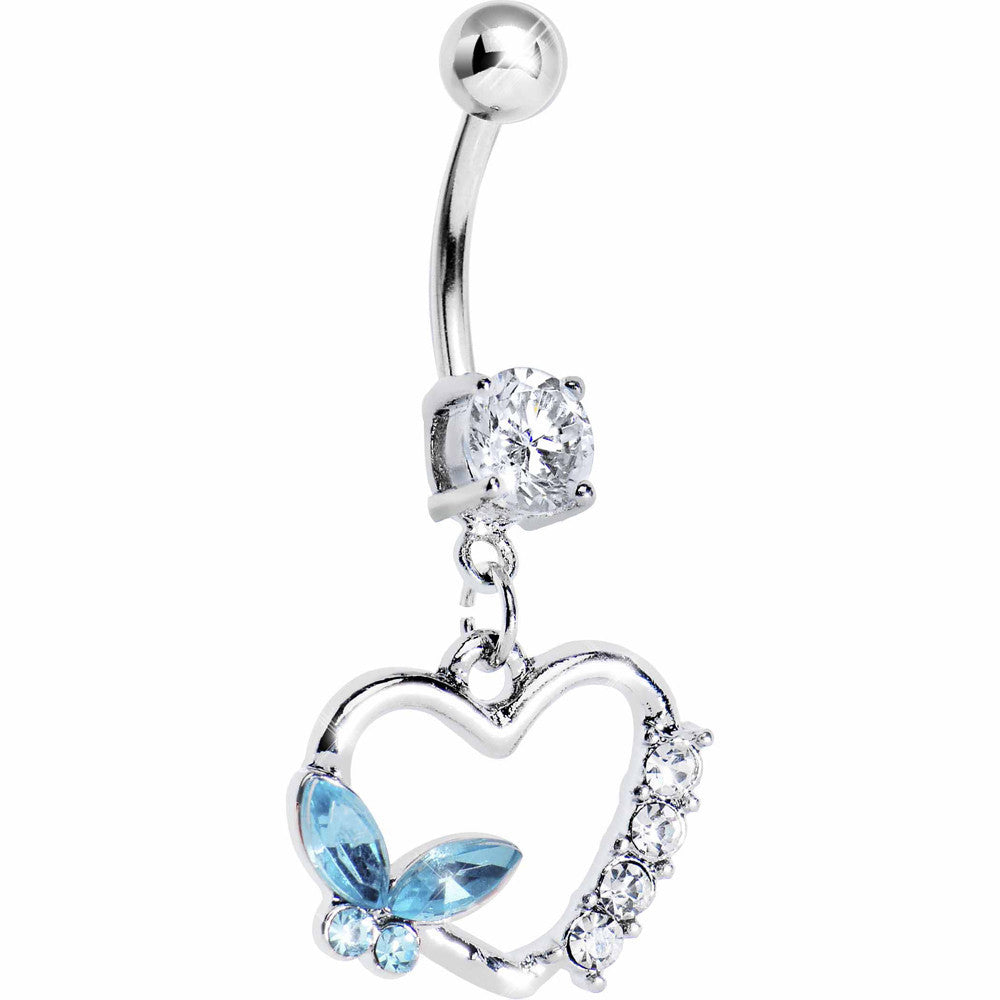 Aqua Butterfly Open Heart Dangle Belly Ring