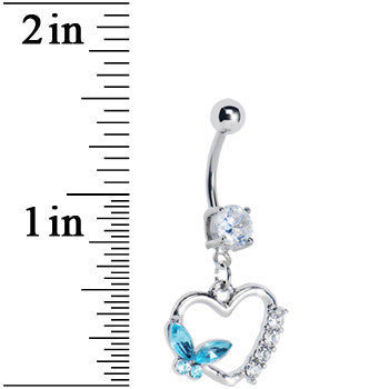 Aqua Butterfly Open Heart Dangle Belly Ring