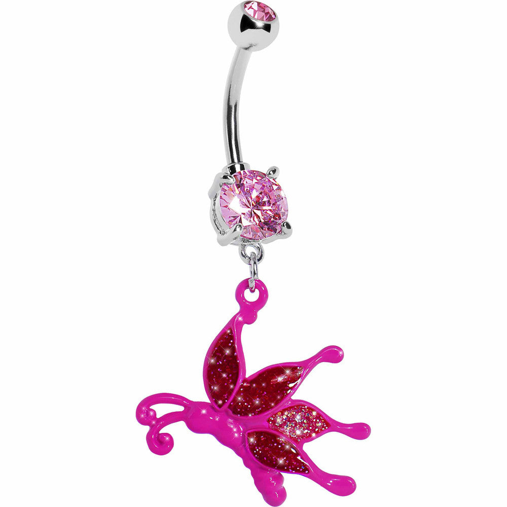 Glittery Pink Butterfly Dangle Belly Ring